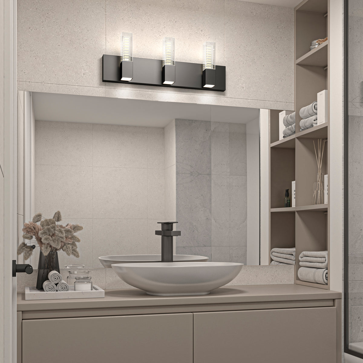 Modern bathroom with round sink and shelves, lit by Artika's Hologram LED vanity light 5 CCT as elegant mirror lighting.