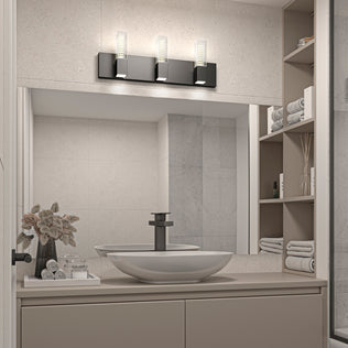 Modern bathroom with round sink and shelves, lit by Artika's Hologram LED vanity light 5 CCT as elegant mirror lighting.