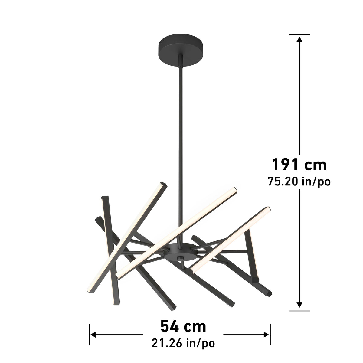 The Artika Malibu LED pendant light 3 CCT features a modern black design with intersecting linear LED bars, suspended from the ceiling. It measures 191 cm (75.20 in) tall and 54 cm (21.26 in) wide.
