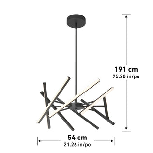 The Artika Malibu LED pendant light 3 CCT features a modern black design with intersecting linear LED bars, suspended from the ceiling. It measures 191 cm (75.20 in) tall and 54 cm (21.26 in) wide.