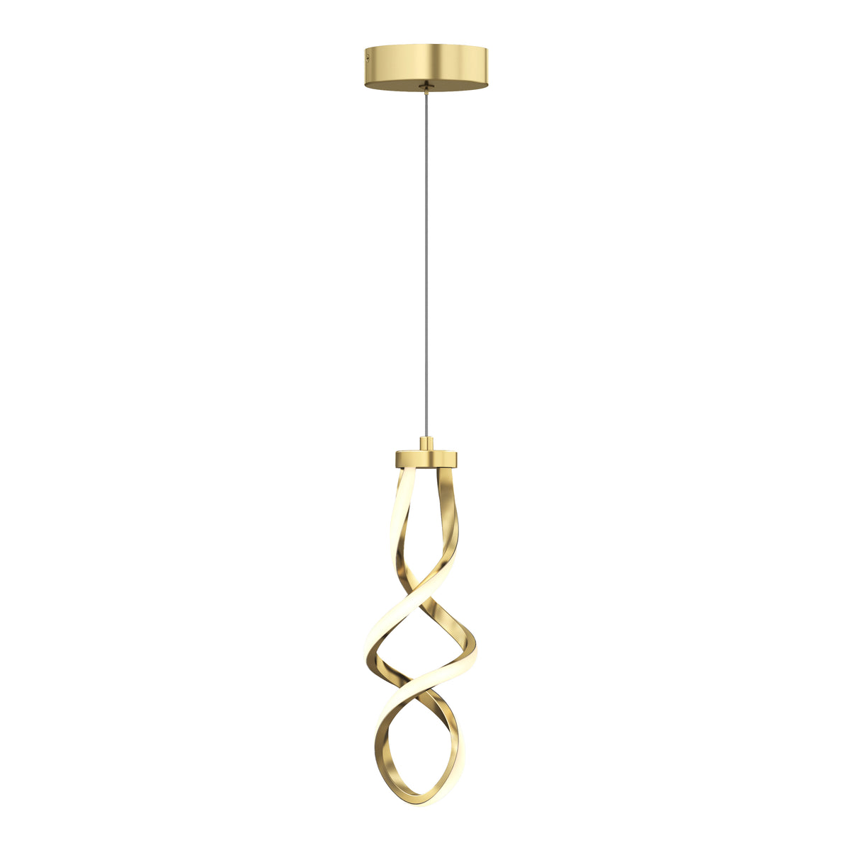 A modern gold pendant light with a twisted, sculptural design hangs from a thin wire and round ceiling mount against a white background.