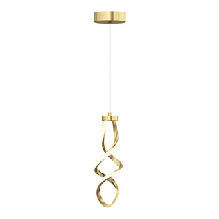 The Artika Mini Swirl LED pendant light features a modern gold, twisted ribbon design suspended from a thin cord and round ceiling mount.