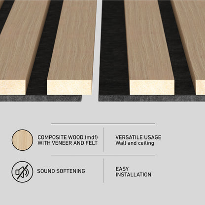 Close-up of wood slats with a black felt backing. Icons and text below highlight features: composite wood (MDF) with veneer and felt, sound softening, versatile wall/ceiling use, and easy installation.