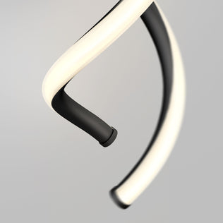 A close-up of the Artika DNA modern LED wall sconce 3 CCT, featuring a spiral-shaped glowing white strip on a black curved frame, set against a plain gray background.