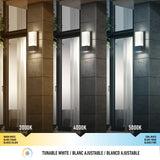 A wall-mounted outdoor light illuminates a building in three color temperatures: warm white (3000K), neutral white (4000K), and cool white (5000K), showing the differences in lighting tones.