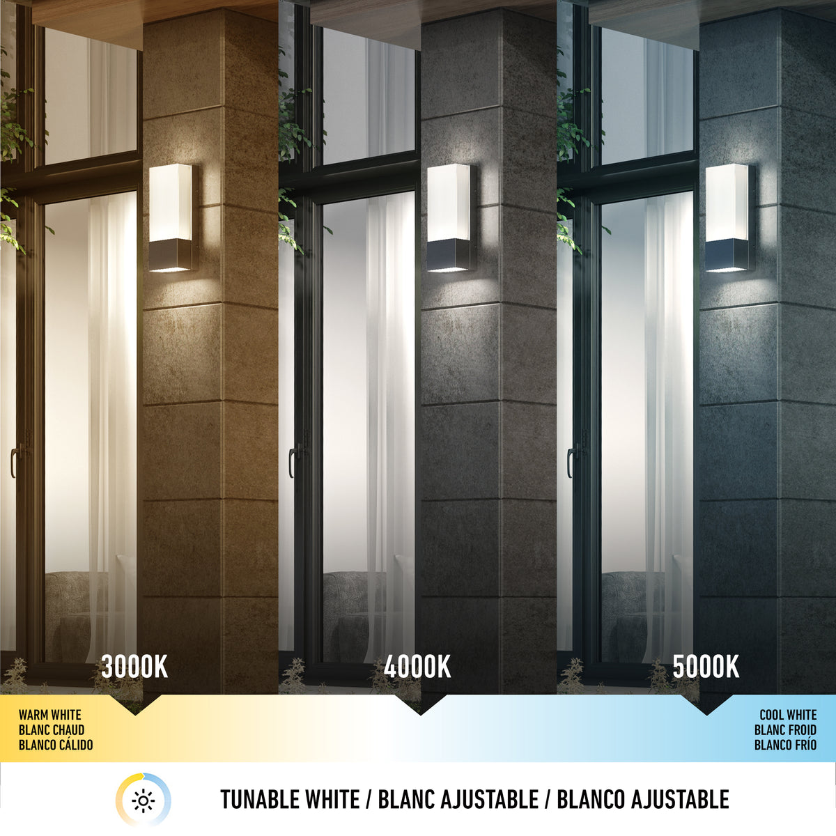 Three panels display the Artika Dixon indoor-outdoor LED wall light at 3000K (warm), 4000K (neutral), and 5000K (cool) color temperatures, highlighting its tunable white lighting feature.