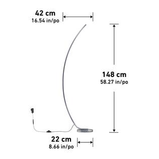 The Artika Arc LED Floor Lamp features a slim, modern arched design with a circular base. Dimensions: 42 cm (16.5") wide, 22 cm (8.7") deep, and 148 cm (58.3") high. A power cord is attached to the base; measurements are in cm and inches.