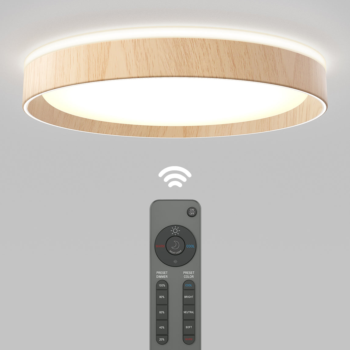 The Artika Callisto 15 in. LED flush mount light with wooden trim shines brightly overhead, while a gray remote control with multiple buttons showcases its wireless operation and customizable settings.
