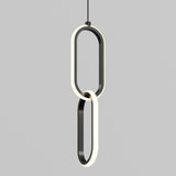A modern pendant light featuring two large, oval-shaped rings linked together vertically, with each ring outlined by a glowing LED strip, suspended from a black cord against a plain gray background.