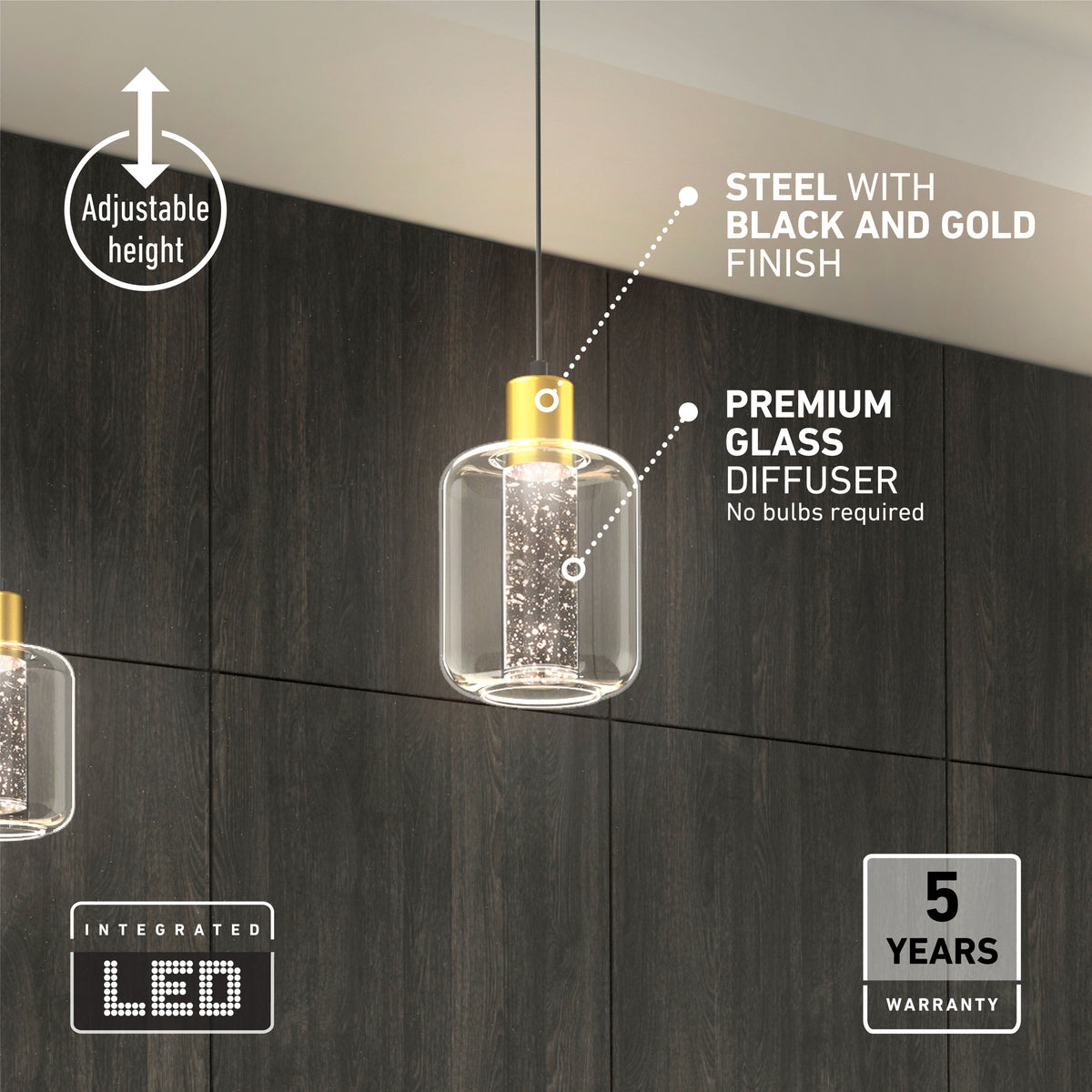 A modern pendant light with a black and gold steel finish, a premium glass diffuser, and integrated LED. The text highlights adjustable height, no bulbs required, and a 5-year warranty. The background features dark wood paneling.