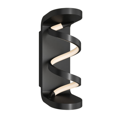 The Artika Swirl indoor-outdoor LED wall light is a modern black sconce with a spiral LED strip winding between two flat, rounded ends, shown against a plain white background.