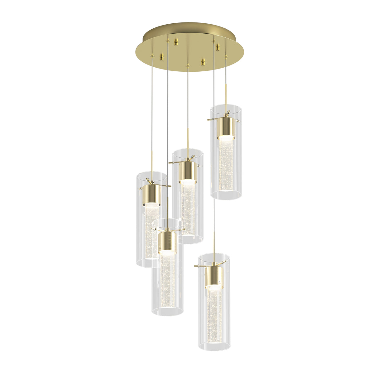 The Artika Essence 5-light LED pendant features five cylindrical glass lights hanging at varying lengths from a gold base, each with a textured inner glass tube for a stylish, elegant look.