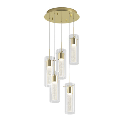 The Artika Essence 5-light LED pendant features five cylindrical glass lights hanging at varying lengths from a gold base, each with a textured inner glass tube for a stylish, elegant look.
