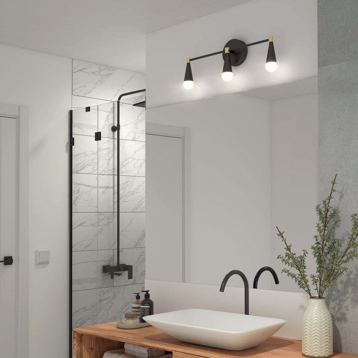 Modern bathroom with wooden vanity, vessel sink, black fixtures, and an Artika Wayden LED vanity light above the large mirror.