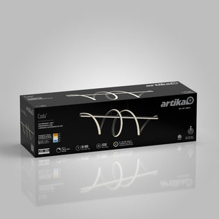 A black rectangular box for the Artika Coda modern LED pendant light 5 CCT features an image of the stylish curved fixture and highlights key details like adjustable color temperature, brightness, and energy efficiency on its packaging.