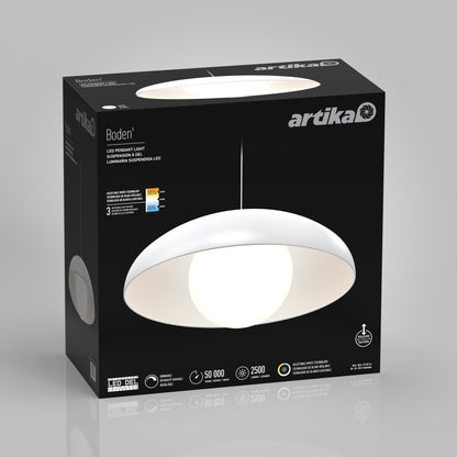 A black Artika box showcases the Boden LED modern mid-century pendant light 3 CCT, a sleek white dome design. Icons display its 50,000-hour lifespan, 2500 lumens brightness, and energy efficiency.
