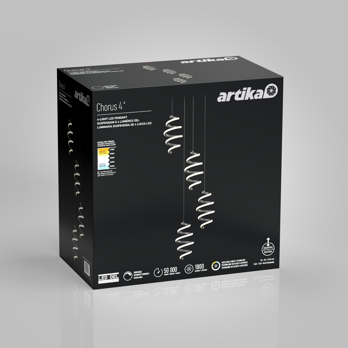 A black Artika box displays the Chorus 4 light LED pendant 5 CCT. The packaging features four spiral hanging lights and highlights key product details such as LED life, lumens, and energy efficiency icons.