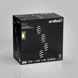 A black Artika box displays the Chorus 4 LED pendant light with four spiral-shaped fixtures. The box features product details and icons in white, along with an image of the hanging lights on the front.