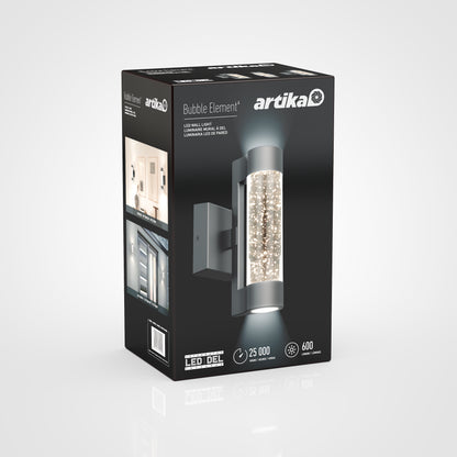 A black Artika box for the Bubble Element LED indoor-outdoor light displays an image of its cylindrical bubble-filled fixture, featuring 600 lumens brightness and a 25,000-hour lifespan.