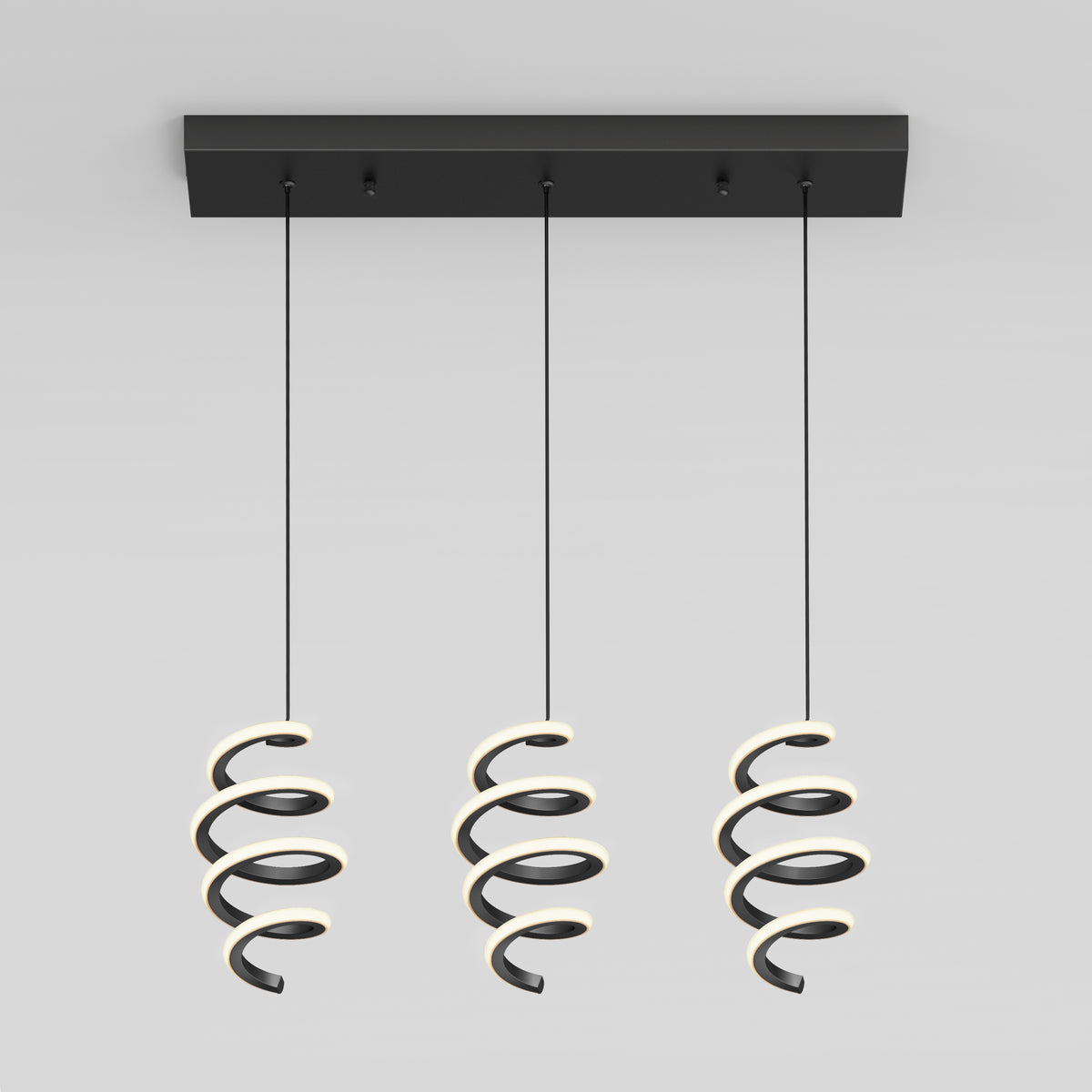 A modern black ceiling light fixture with three hanging spiral-shaped LED lights, each suspended by a thin black cord from a rectangular ceiling mount against a plain white background.