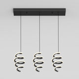 A modern black ceiling light fixture with three hanging spiral-shaped LED lights, each suspended by a thin black cord from a rectangular ceiling mount against a plain white background.