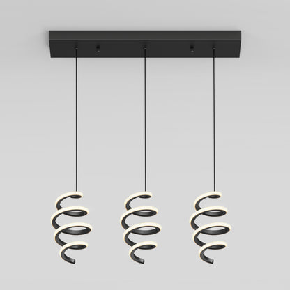 A modern black ceiling light fixture with three hanging spiral-shaped LED lights, each suspended by a thin black cord from a rectangular ceiling mount against a plain white background.