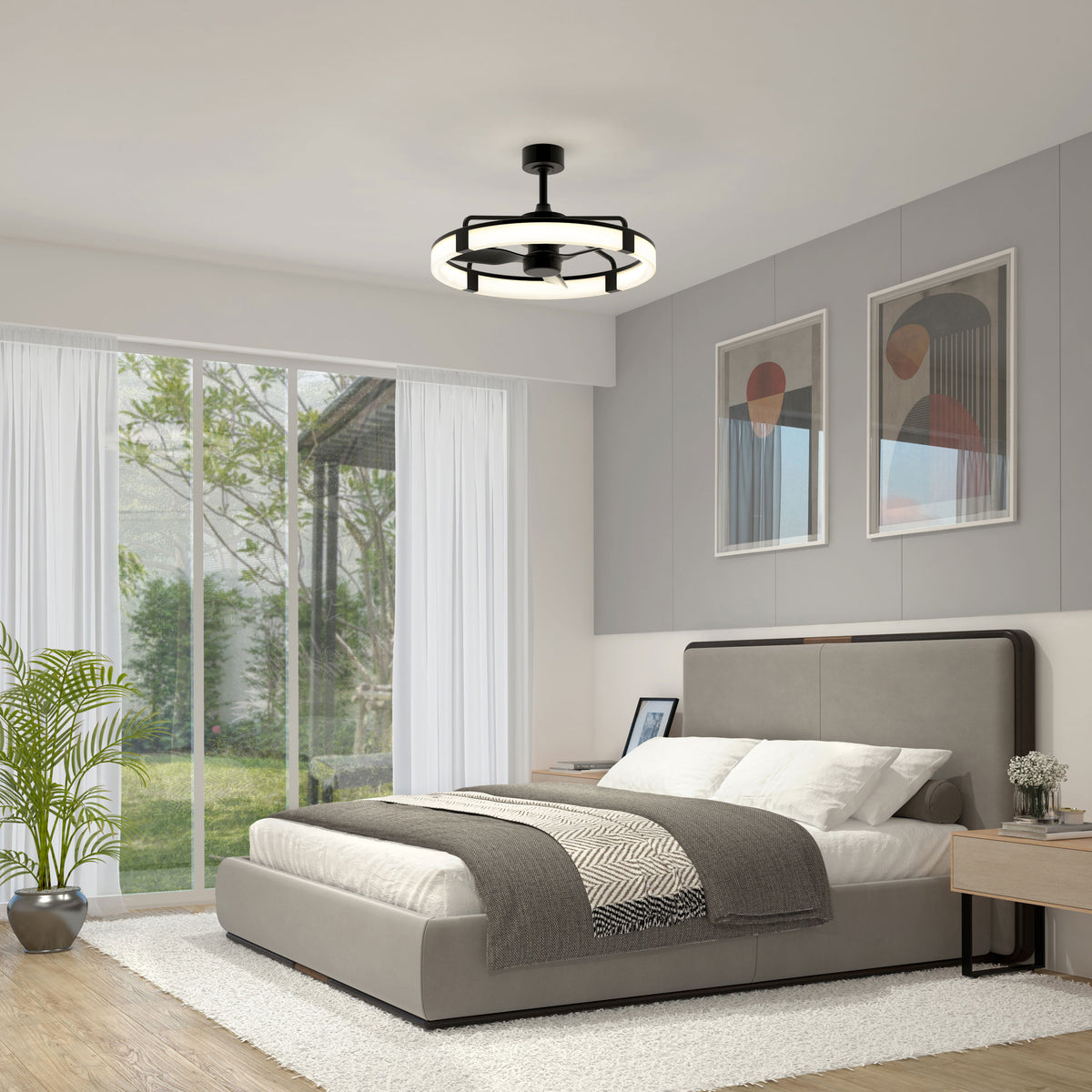 Modern bedroom with a gray upholstered bed, white and gray bedding, two abstract art pieces above the headboard, a geometric ceiling light, a large window with sheer curtains, and a potted plant in the corner.