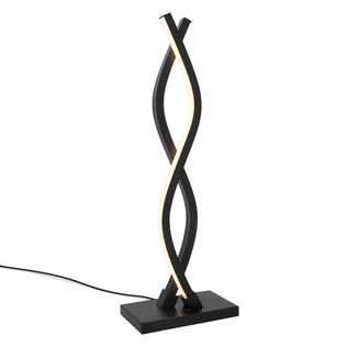 The Artika Wave LED Table Lamp features two intertwined black arms with integrated LED light strips, set on a rectangular base with a visible power cord.