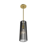 A modern pendant light with a brass ceiling mount and rod, featuring a cylindrical black metal cage shade around a single exposed bulb.