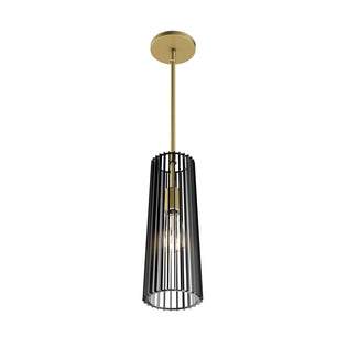 The Artika Gatsby Mini modern mid-century pendant light features a visible bulb within a cylindrical black metal cage shade and brass-colored rod and ceiling mount.