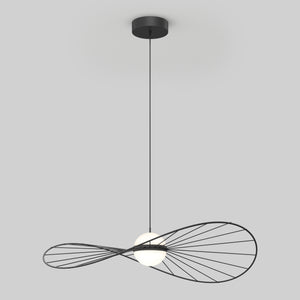 The Artika Tolena LED pendant light 3 CCT features a modern black wireframe design resembling an infinity symbol, suspended by a black cord and centered with a round white bulb.