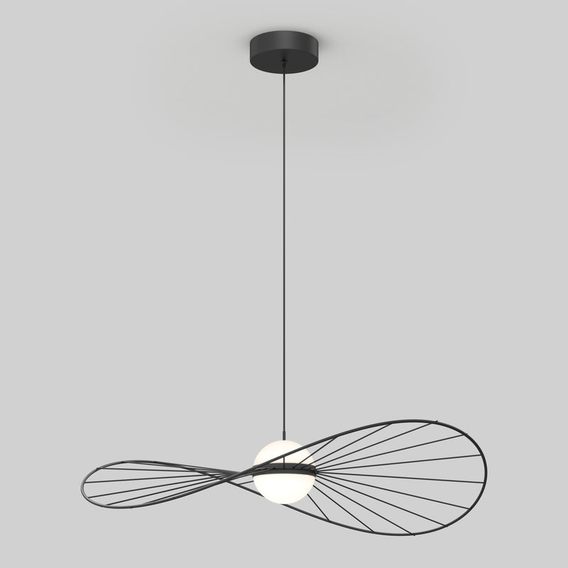 The Artika Tolena LED pendant light 3 CCT features a modern black wireframe design resembling an infinity symbol, suspended by a black cord and centered with a round white bulb.
