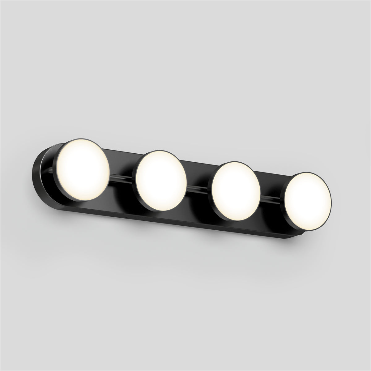 The Artika Santori 27-in LED vanity light features four round bulbs on a matte black base, perfect for modern bathrooms.