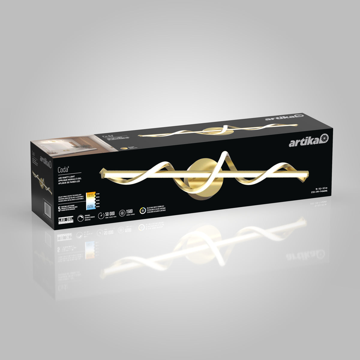 A black and gold Artika box displays a modern, wavy LED light fixture called Codas, with product features and a photo of the light installed on the top left corner.