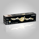 A black and gold Artika box displays a modern, wavy LED light fixture called Codas, with product features and a photo of the light installed on the top left corner.