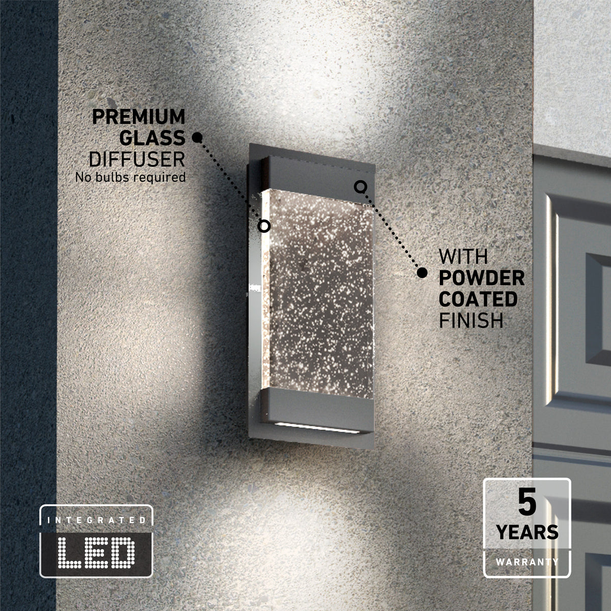 The Artika Essence Glow Box indoor-outdoor LED wall light, featuring a premium glass diffuser and powder-coated finish, is mounted on a concrete wall. Integrated LED (no bulbs required) and includes a 5-year warranty.