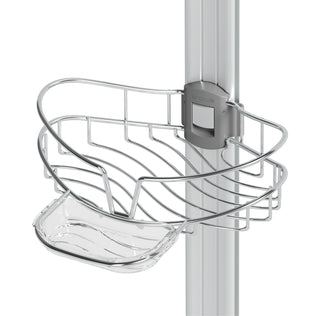The Artika Neptune shower caddy features 3 open, curved wire baskets, a rust-resistant finish, a clear plastic soap dish, and a mirror. It mounts securely on an adjustable pole with a rectangular bracket.