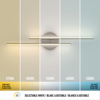The Artika Cisco modern LED bathroom vanity light 5 CCT displays adjustable color temps—2700K, 3000K, 3500K, 4000K, and 5000K—showing each effect on the wall, perfect for any bathroom.