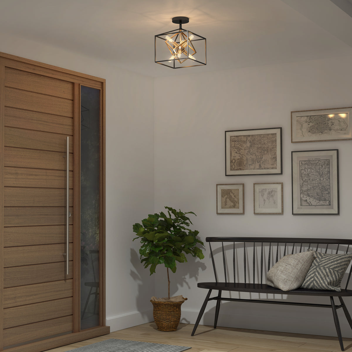 A modern entryway with a wooden door, a potted plant, a black bench with a pillow, framed wall art, and a geometric ceiling light fixture.