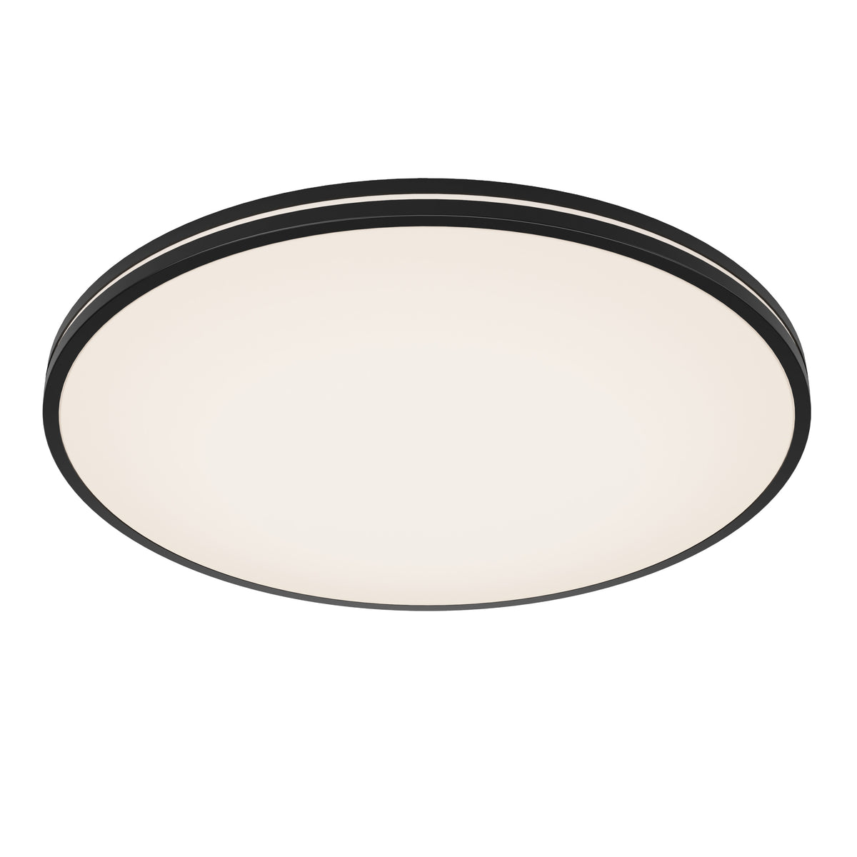 A round, modern ceiling light fixture with a slim black frame and a white frosted cover, emitting a soft, even glow.