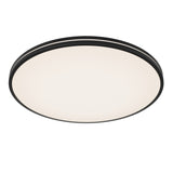 A round, modern ceiling light fixture with a slim black frame and a white frosted cover, emitting a soft, even glow.