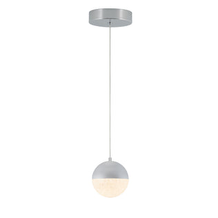 The Artika Sparkle 1 Light LED Pendant features a round frosted glass shade, silver half-sphere top, and silver ceiling mount, all suspended by a thin cord for a sleek modern look against a white background.
