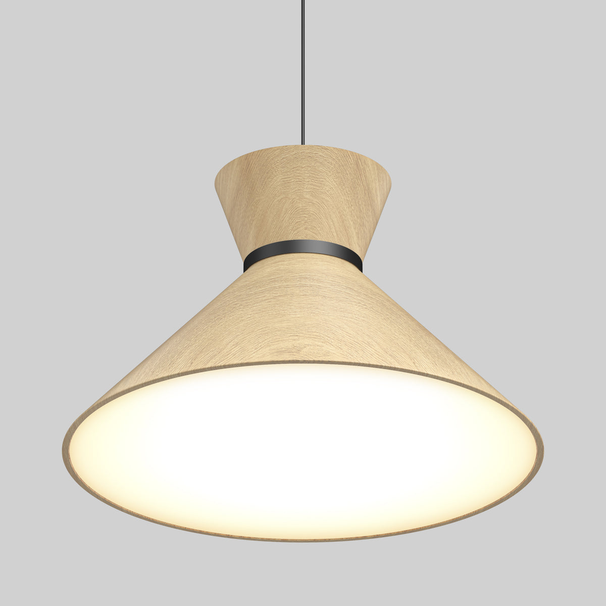 The Artika Inoa LED pendant light features a cone-shaped, light wood shade with a black band, suspended by a thin black cord. Its 5 CCT settings emit a warm glow, making it perfect for modern spaces.