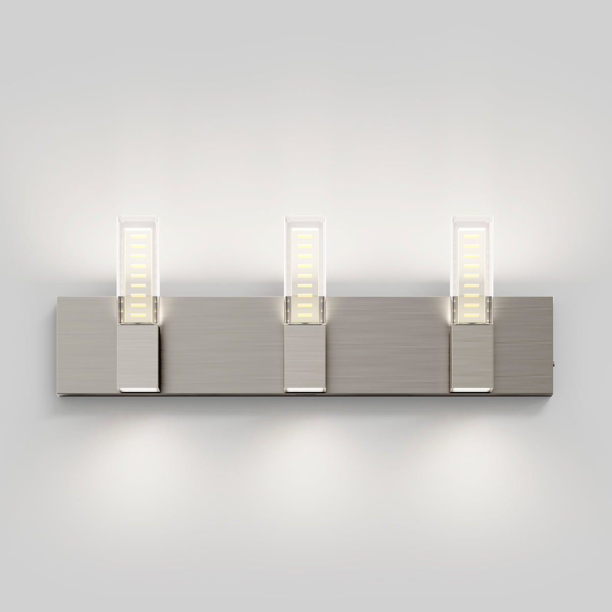 The Artika Hologram LED modern bathroom vanity light 5 CCT features three dimmable rectangular lights on a brushed metal base.