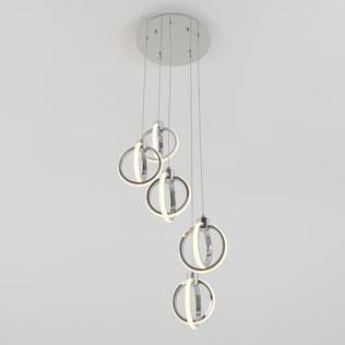 The Artika Soho modern 5-light LED pendant features five circular rings suspended at varying heights from a round ceiling mount, creating a striking contemporary look.