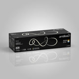A black Artika Siena LED light fixture box with an image of the curved light on the front, white product details, and energy ratings displayed on the side against a gray background.