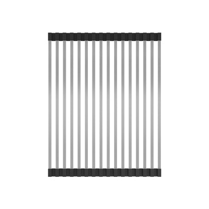 A top-down view of the Artika Newport single bowl stainless steel workstation sink, featuring a metal roll-up dish drying rack with evenly spaced parallel rods and black silicone edges, set against a white background.