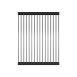 Overhead view of a rectangular rack with parallel metal rods connected by black end pieces, evenly spaced, against a white background.
