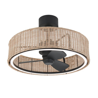The Artika Kalani 24 in. LED modern ceiling fan features black blades, a woven rattan circular shade, and a black base. Its design blends contemporary and natural styles. Includes remote and 3 speeds.