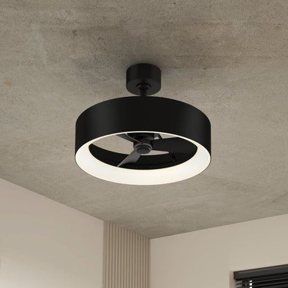 The Artika Aiden 24 in. LED modern ceiling fan features three speeds and an enclosed light ring, and is mounted on a concrete ceiling in a contemporary room. It comes with a remote for easy control.